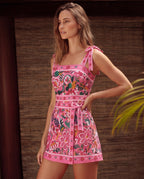 Pink Floral Paradise Print One Piece Swimsuit and Skirt
