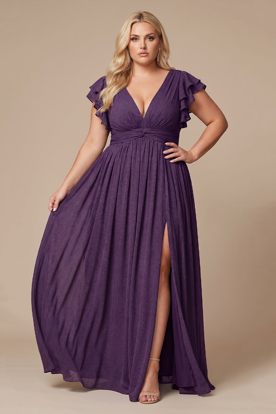 Curveins Plus Size V-Neck Ruffle Sleeve Split A-Line Maxi Dress