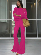 Women's Solid Asymmetrical Neck Top & Flare Leg Pants Set, Casual Drop Shoulder Long Sleeve Top & Trousers, Women's Fall & Winter Clothes for Daily Wear