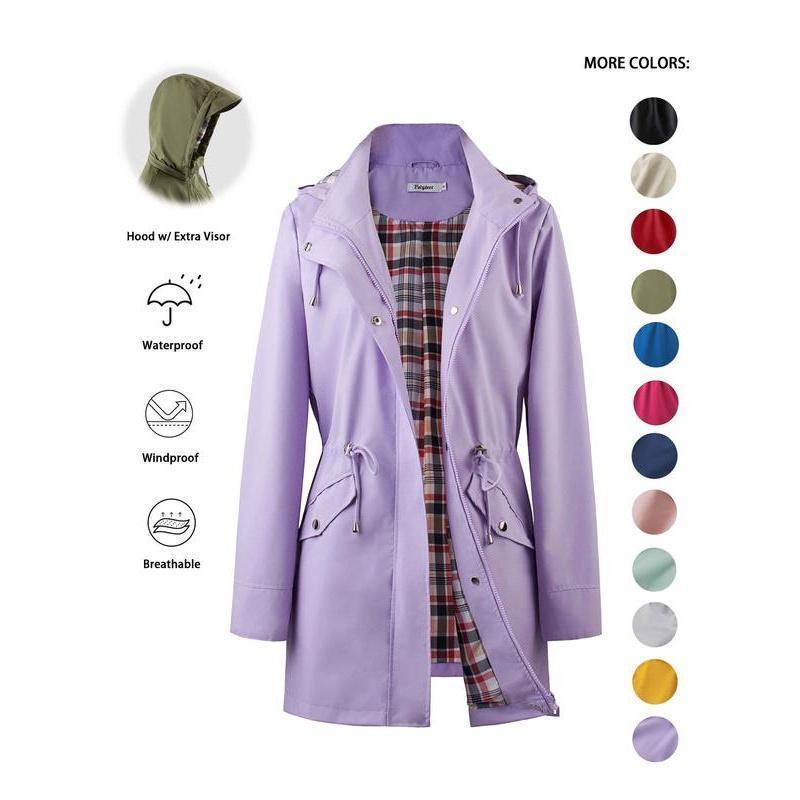 Women's Solid Color Drawstring Zip-Up Hooded Trench Coat Long Sleeve Waterproof Windproof Soft Comfortable Casual Outerwear Suitable For Spring Fall Daily Wear Outings