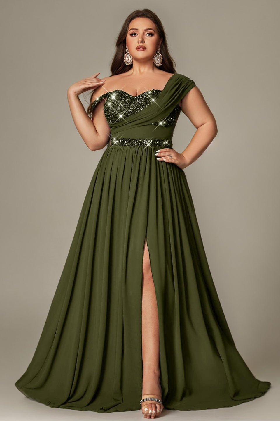 Curveins Plus Size Asymmetric One-Shoulder Sequin Side-Slit Maxi Dress