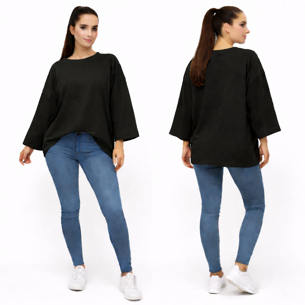 T-shirt uni oversize femme manches longues 100% coton – coupe ample, basique tendance