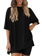 Women's Solid Color T-Shirt and Tight Shorts Set, Casual Summer Comfort Round Neck Sleepwear, Pocket Design, Outdoor Wear
