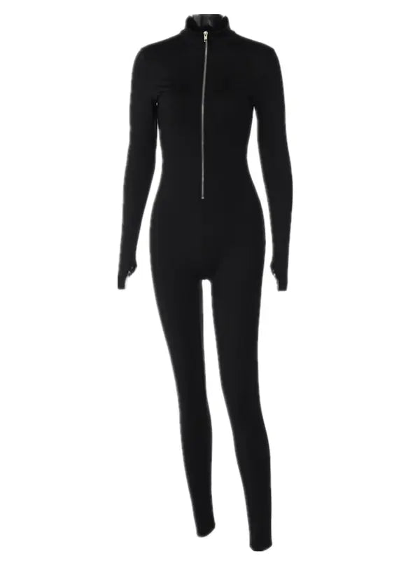 Women's Solid Zip Up Thumb Hole Design Bodysuit, Casual Long Sleeve Stand Collar Bodycon Bodysuit for Fall & Winter, Valentine's Day Gift for Girl, Women's Clothes for Daily Wear