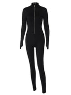 Women's Solid Zip Up Thumb Hole Design Bodysuit, Casual Long Sleeve Stand Collar Bodycon Bodysuit for Fall & Winter, Valentine's Day Gift for Girl, Women's Clothes for Daily Wear