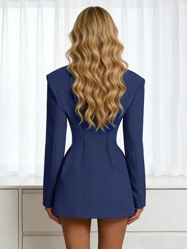 Women's Elegant Business Suit Dress, Deep V Neck Long Sleeve Ruffle Waist Cinched, Spring & Fall Office Wear, Plain Style