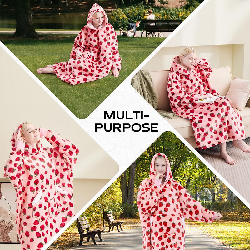 Wearable Blanket Hoodie Oversized Sherpa Fleece Hooded Sweatshirt Blanket with Sleeves,Cozy and Giant Blanket Hoodie Extra Long for Adults Women Winter Gift (Strawberry)