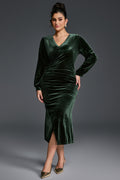 Curveins Plus Size V-Neck Long Sleeves Side Slit Bodycon Midi Dress