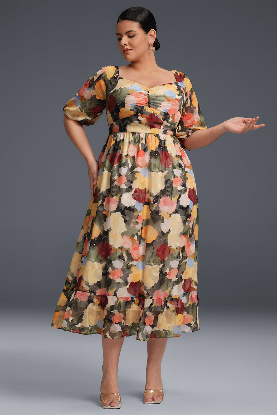 Curveins  Plus Size Draped Collar Foral Maxi Dress