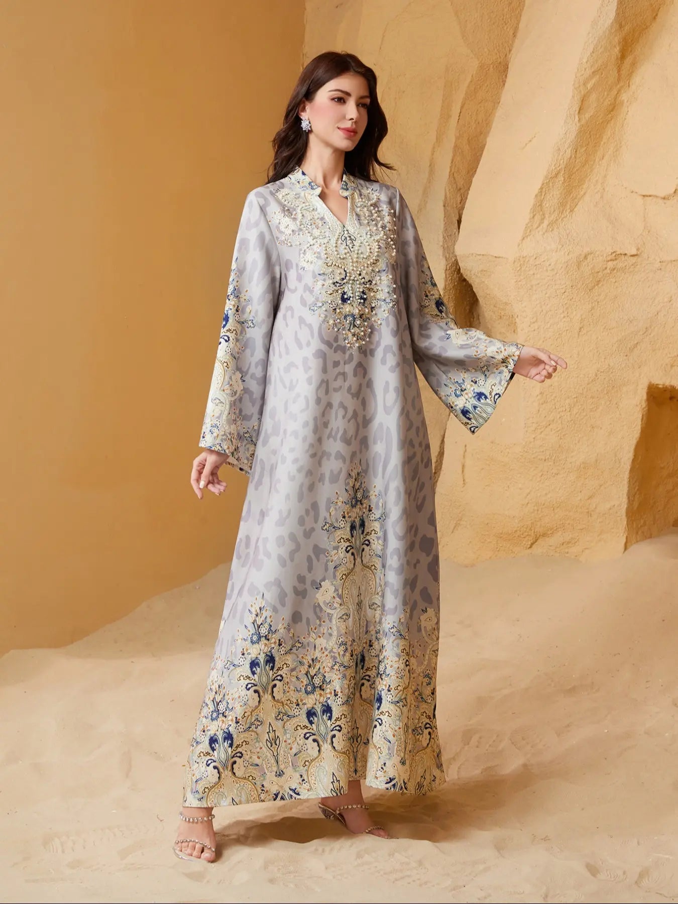 Women's Traditional Ethnic Pattern Faux Pearl Decor Long Dress, Boho Long Sleeve Round Neck Dress for Vacation Holiday Wedding Guest, Ladies Muslim Clothing for All Seasons