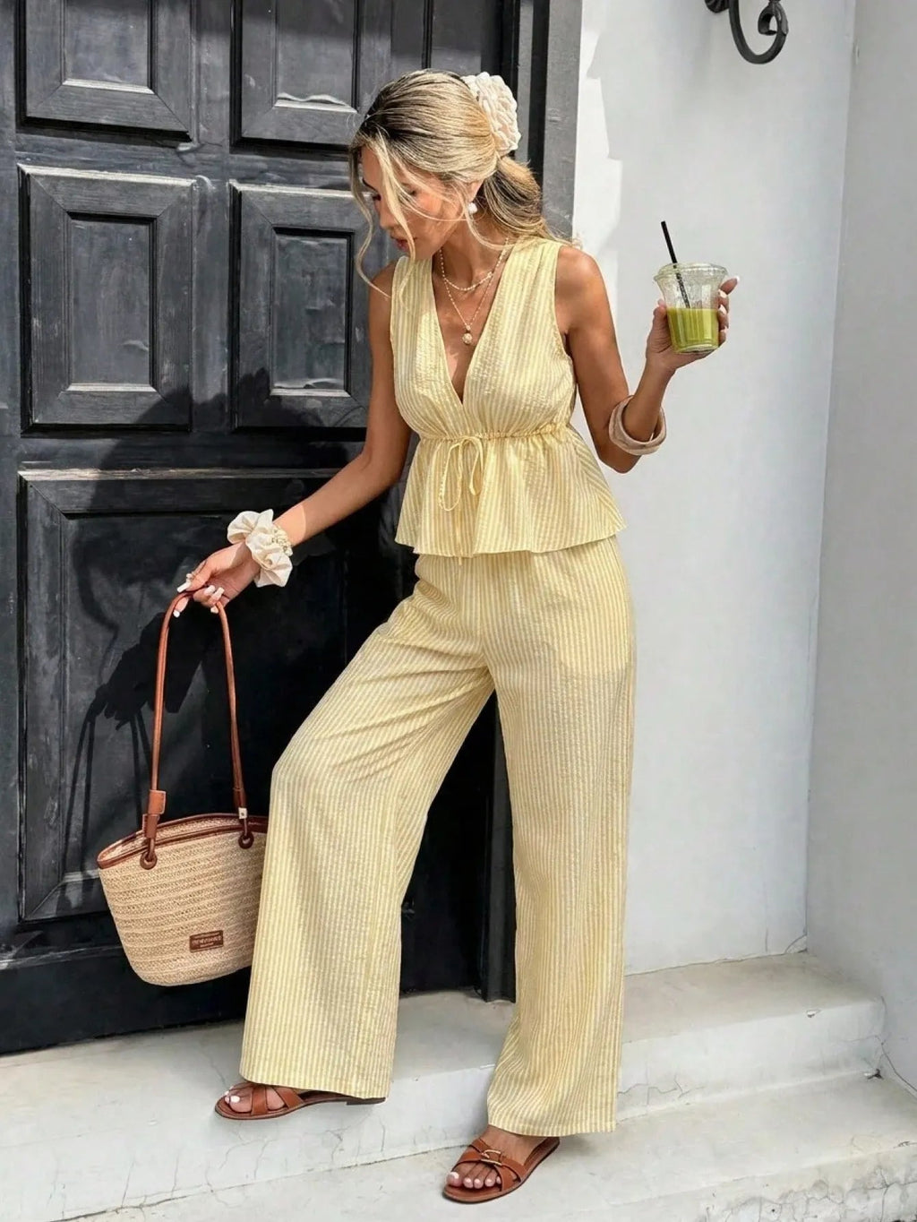 Women's Striped Two-Piece Set: Sleeveless Tie-Waist Top and Relaxed Long Pants — Vintage Bohemian Style, Commuter Outfit