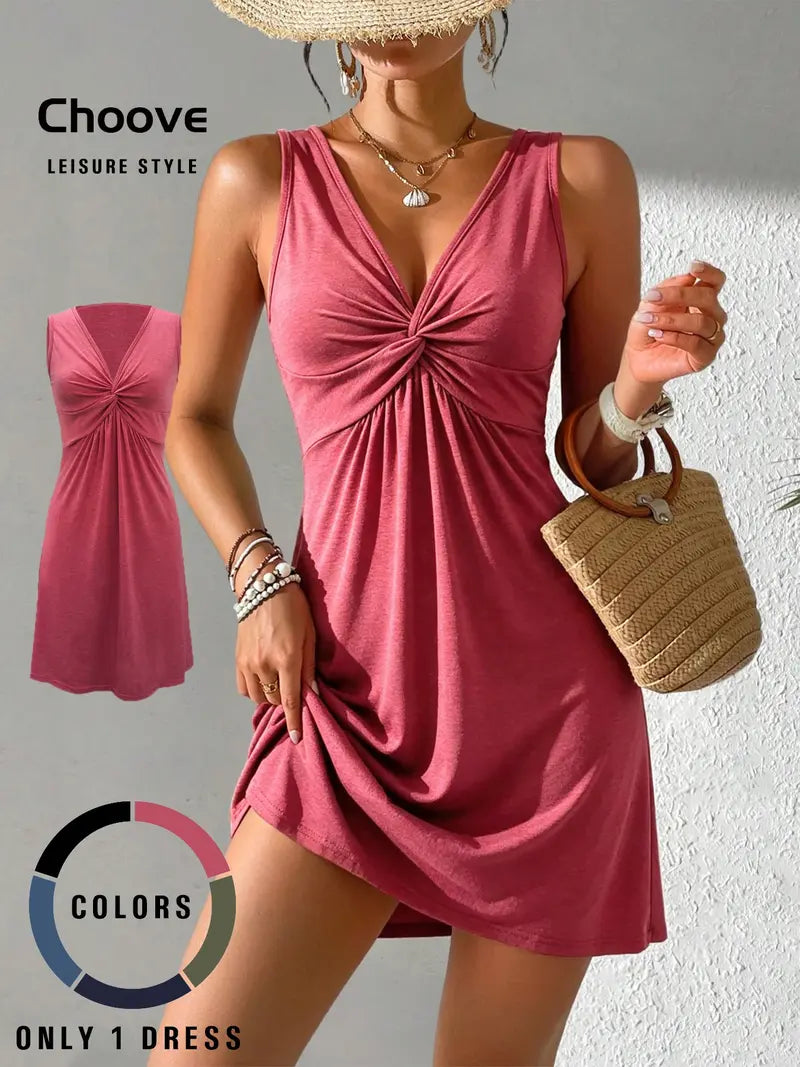 Women's solid-color twisted ruched tank dress