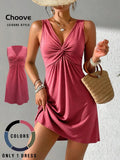 Women's solid-color twisted ruched tank dress