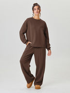 Women's Casual Solid Color Loose Long Sleeve Top & Exposed Stitches Trousers Co-ord