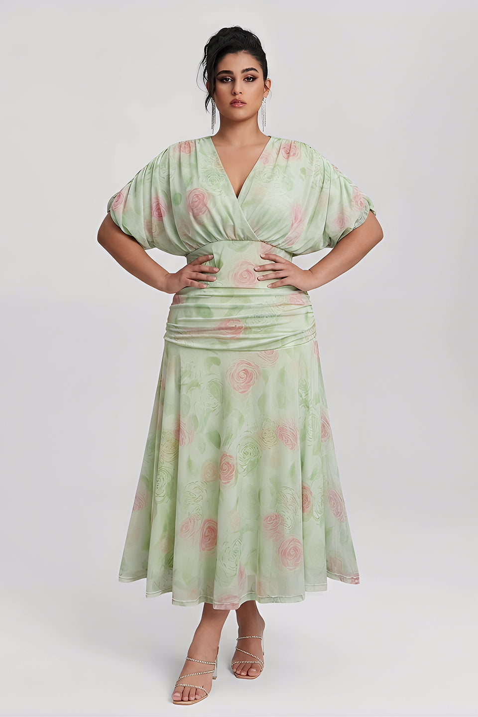 Curveins Plus Size V Neck Puff Sleeve Waist Defining Floral Print Elegant Maxi Dress