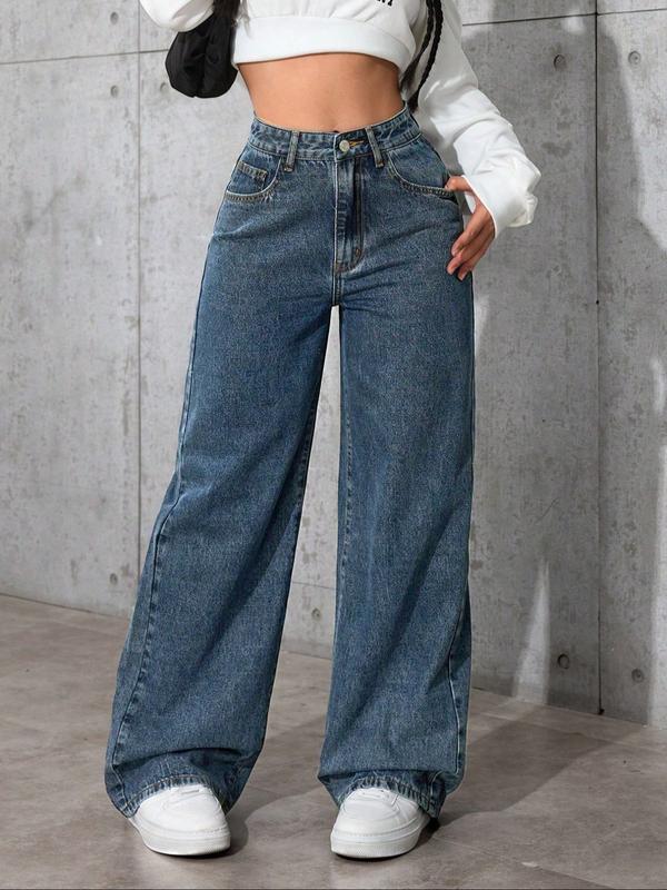 Women's Vintage Style Loose Fit Straight Leg Jeans, Casual Fitted Denim Jeans for Fall & Winter, Classic Boyfriend Look
