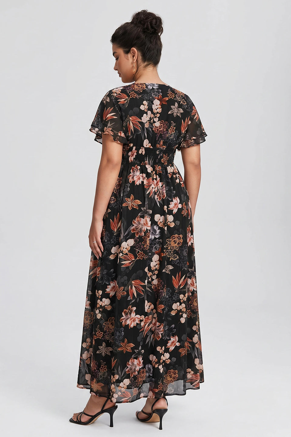 Curveins Plus Size V Neck Batwing Sleeve Floral Print Flowing Maxi Dress