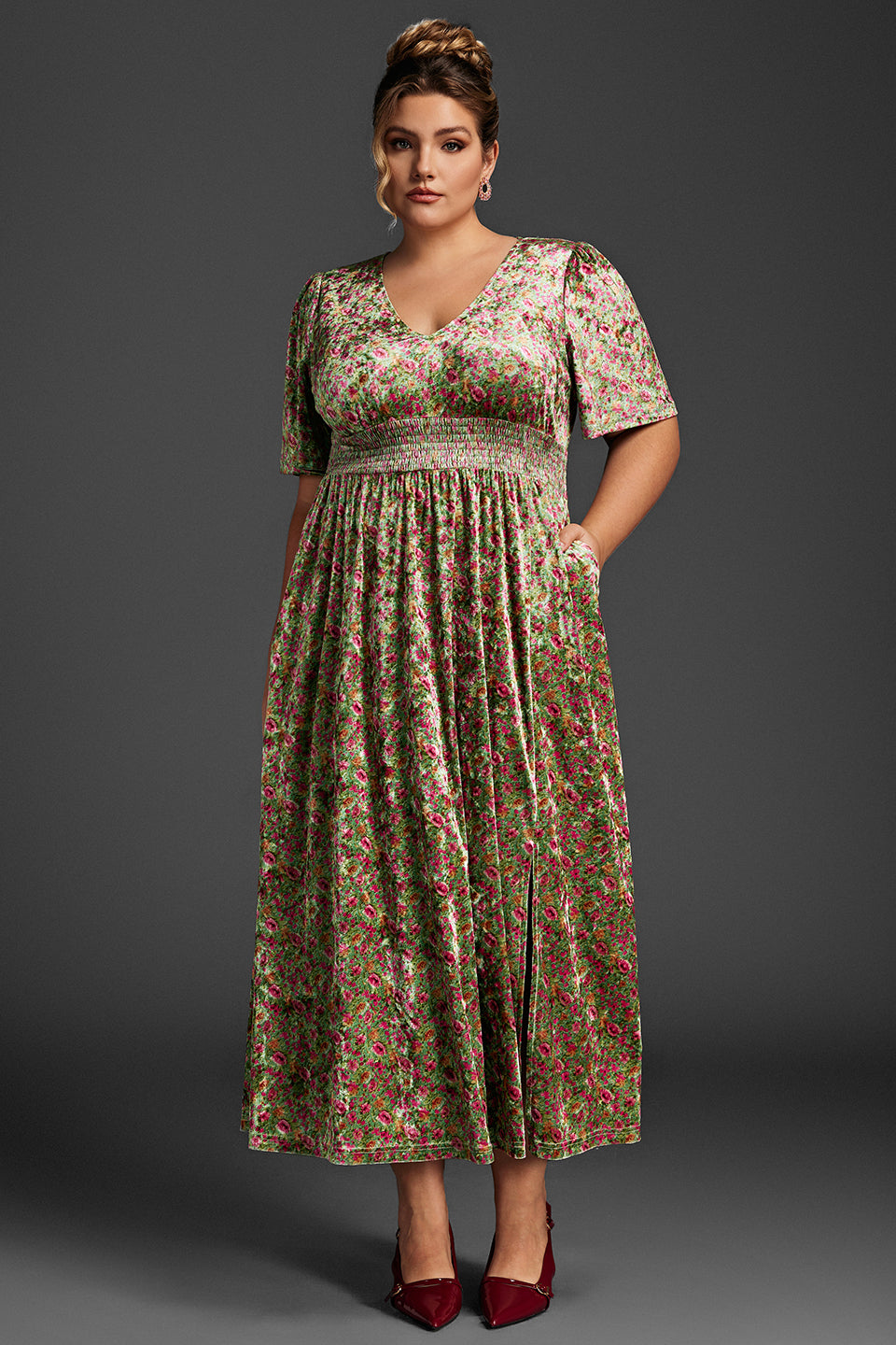 Curveins Plus Size Mauve Velvet Floral Maxi Dress