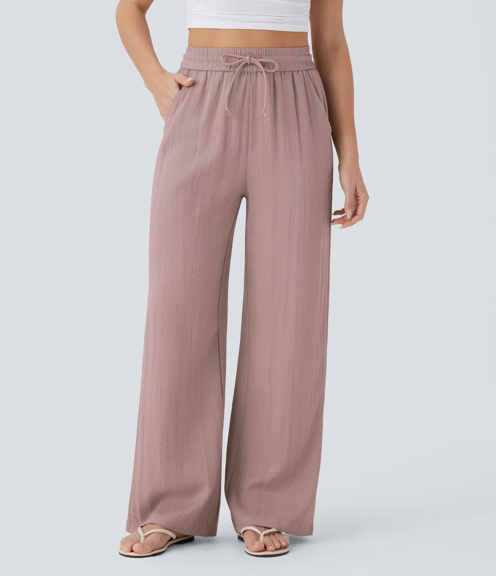 Casual High-Waisted Linen Trousers with Drawstring and Wide Pockets