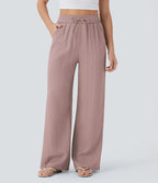Casual High-Waisted Linen Trousers with Drawstring and Wide Pockets