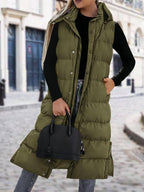 Women's Long Puffer Vest with Quilted Hood and Button Down Closure for Winter Coat 2025 - Tops, Womenswear