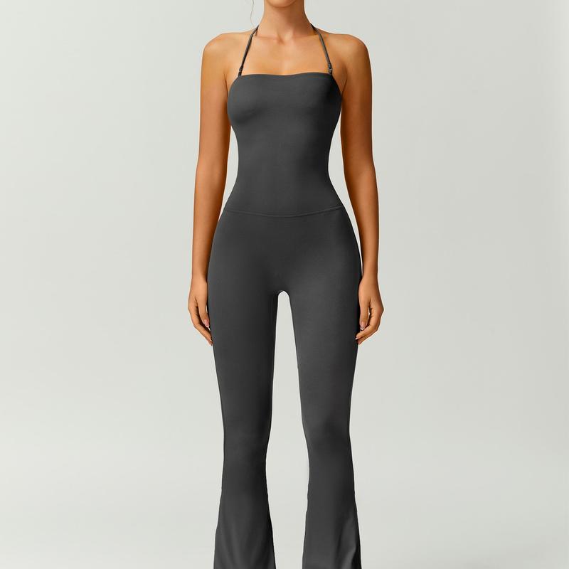 Women's Halter Neck Bodycon Flared Leg Jumpsuit – Stylish & Comfortable for Fitness & Fashion,Stylish & Comfortable Athleisure Outfit, Butt Lifting, High Waist Workout Gym Clothing Stretchable Activewear,jumpsuit women