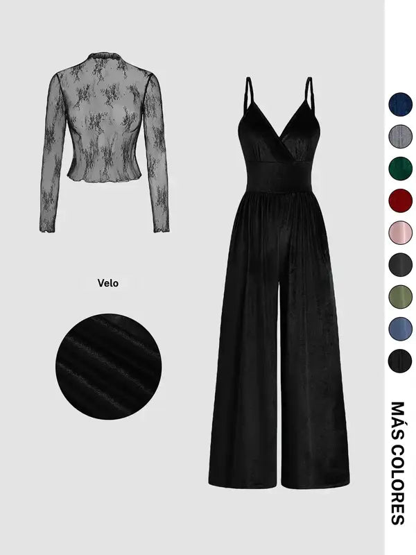 Valentine's Day Women's Solid Color Lace Tee & Pocket Jumpsuit Two-piece Set, Elegant Fashion Casual Zipper Back Cami Jumpsuit & Long Sleeve Top for Daily Outdoor Wear, Women's Clothing for Spring & Fall
