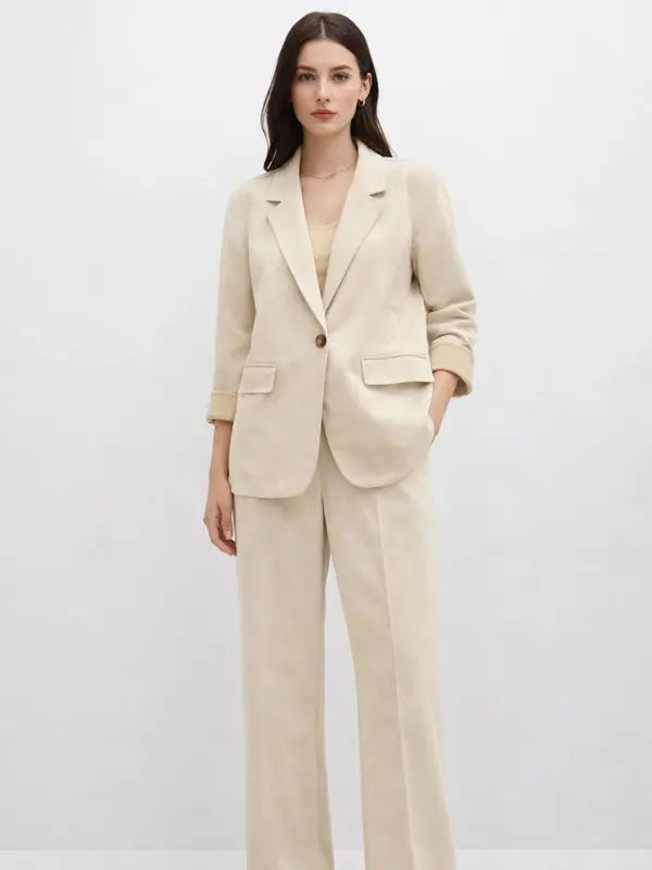 Suede Suit — Featuring a fluid, modern silhouette.