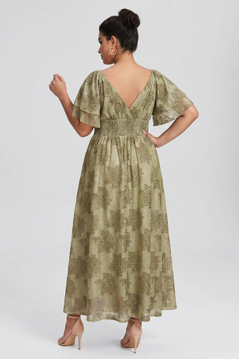 Curveins Plus Size V Neck Batwing Sleeve Plaid Pattern Flowy Maxi Dress