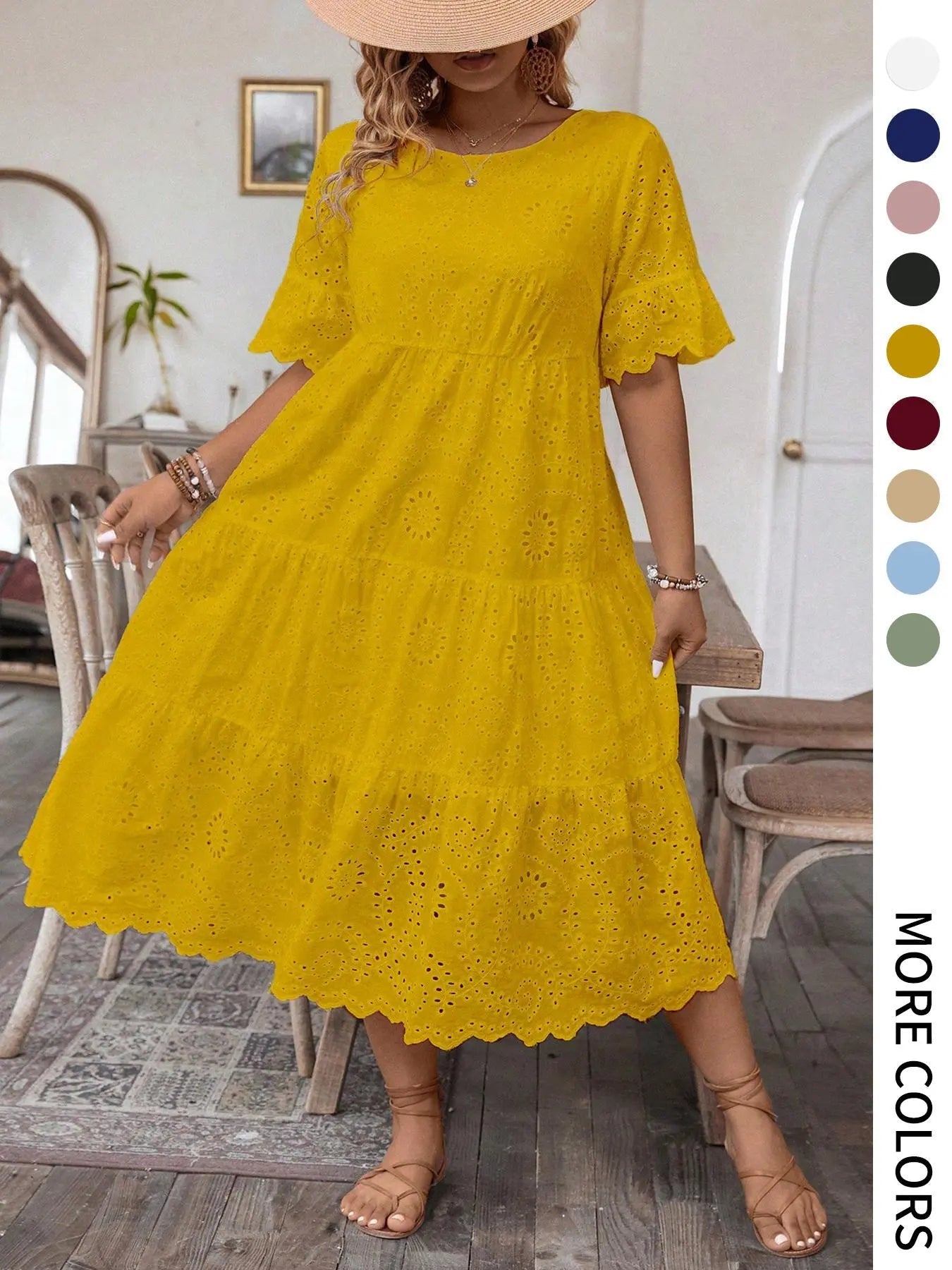 [Plus Size] Solid Eyelet Embroidery Dress, Boho-Style Round-Neck Dress for Vacation and Everyday Wear – Women's Summer Clothing