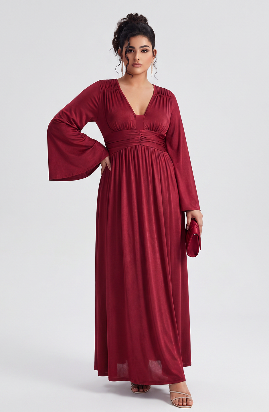 Curveins Plus Size Solid Color Long Sleeve V Neck Ruched Waist Elegant Maxi Dress