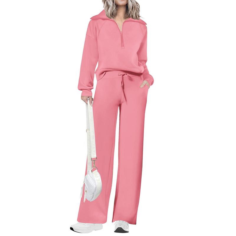Women's Casual 2-Piece Sweatsuit Set - Half Zip Pullover Sweatshirt & Wide Leg Pants with Drawstring - Matching Tops & Sweatpants for Comfort