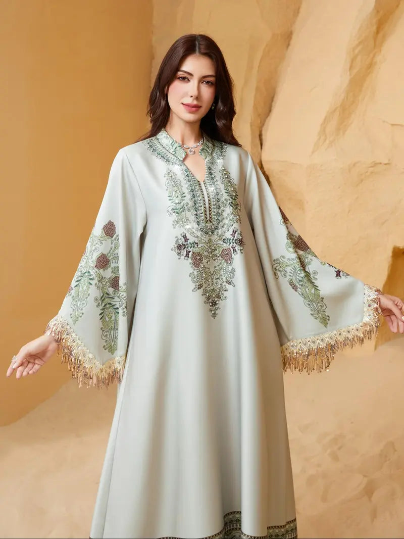 Women's Elegant Long Dress, Loose Fit Ethnic Print, Lace-Up Design, All-Season Wear, Perfect for Evening Occasions & Special Events
