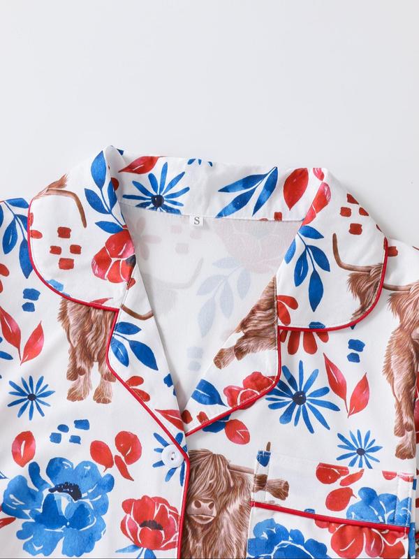 Women's Floral & Cow Print Top & Shorts Pajama Two-piece Set, Casual Comfy Short Sleeve Top & Shorts Pajama Set