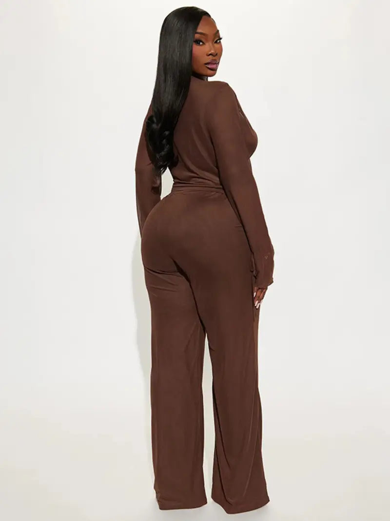 Women's Deep V Neck Blouse Set, Long Sleeve Crop Top & High Waisted Pants, Sexy Plain Design, Fall Winter Fashion