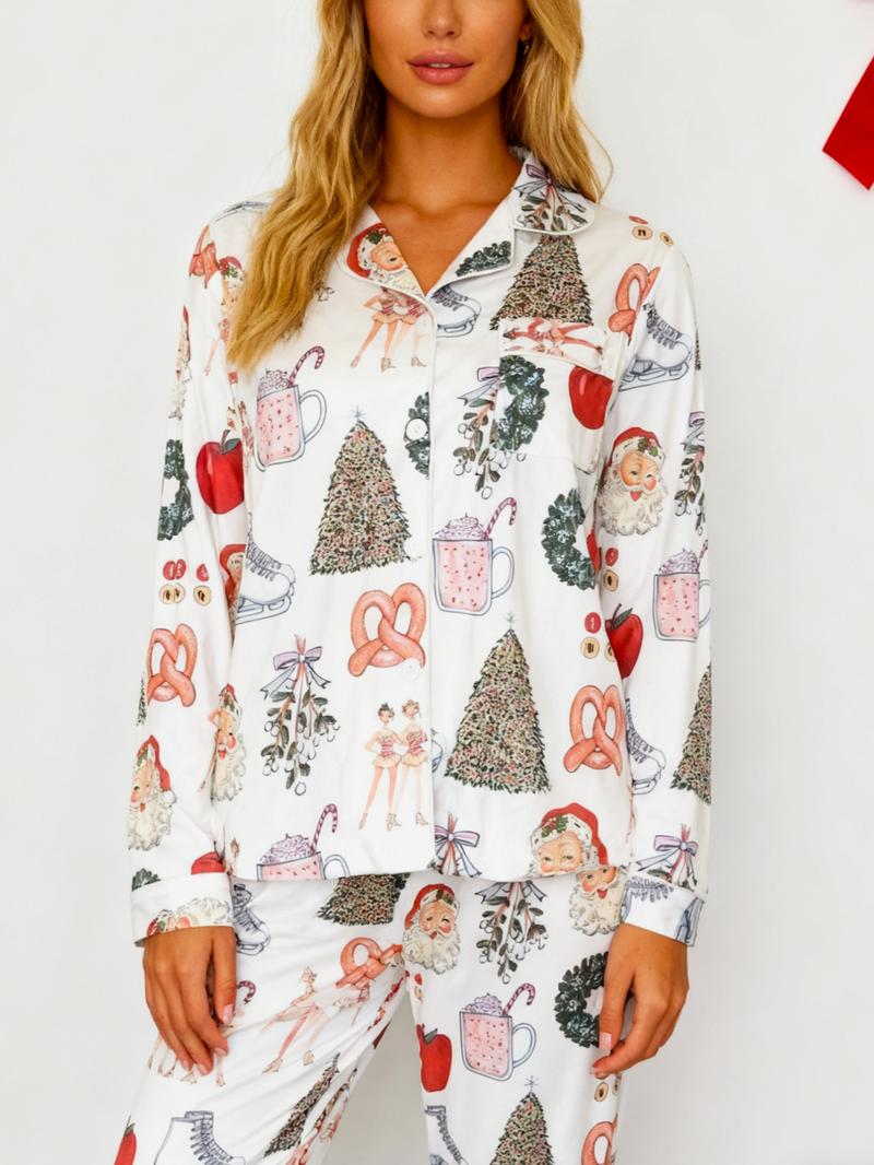 Women's Christmas Pajama Set, Lapel Button Long Sleeve Top & Loose Comfortable Pants, Casual All-Over Print Sleepwear