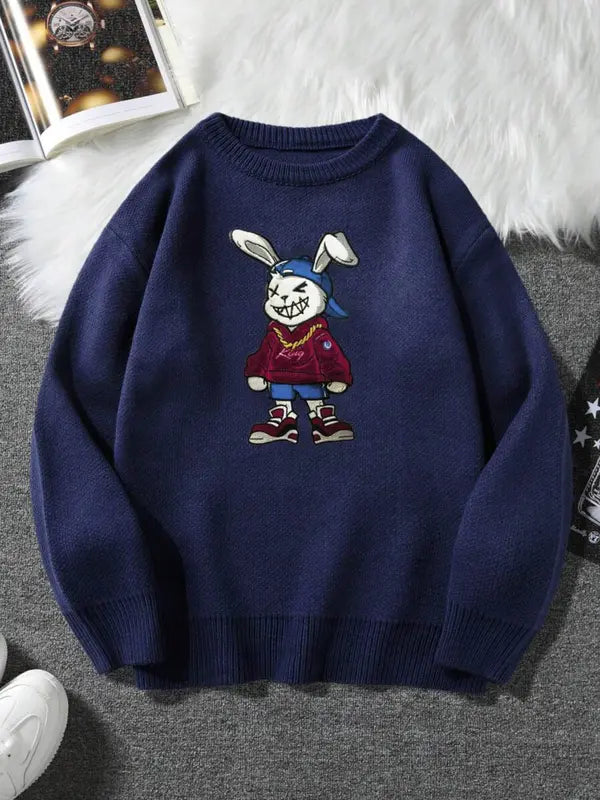 Unisex Cartoon Bear Print Crew Neck Sweater, Casual Loose Long Sleeve Jumper for Fall & Winter, Fashion Ladies' Knitwear for Daily Wear