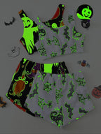 4 Counts/2 Set Women's Halloween Print Glow in The Dark Crop Tank Top & Elastic Waist Shorts Fluffy Pajamas, Casual Comfortable Loungewear for Women, Comfy Loungewear for Women, Women's Sleepwear for Fall, Fluffy Pajamas