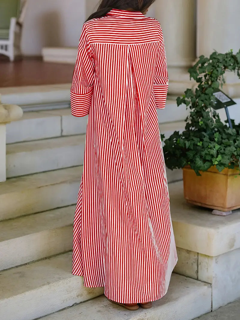 Elegant Women's Loose Collared Button Front Striped Shirt Dress