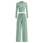 2-Piece Ribbed Knit Long Sleeve Crop Top Wide Leg Pants Matching Lounge Set Loungewear