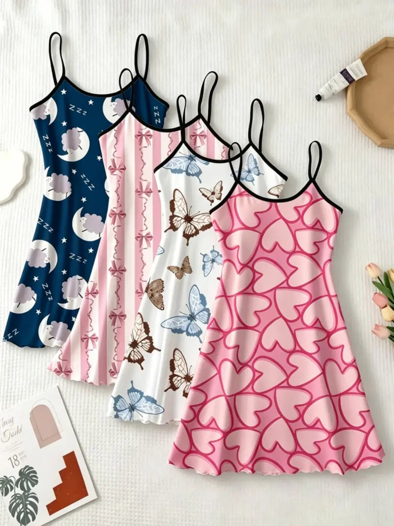 Women's All Over Print Cami Nightdress, Casual Soft Comfortable Spaghetti Strap Nightgown for All Seasons, Lady's Sleepwear for Indoor Wear, Breathable Sleep Dress