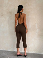 Women's Solid Color Halter Neck Capri Jumpsuit, Casual Comfy Breathable Sleeveless Jumpsuit for Summer, Ladies Clothes for Daily Wear