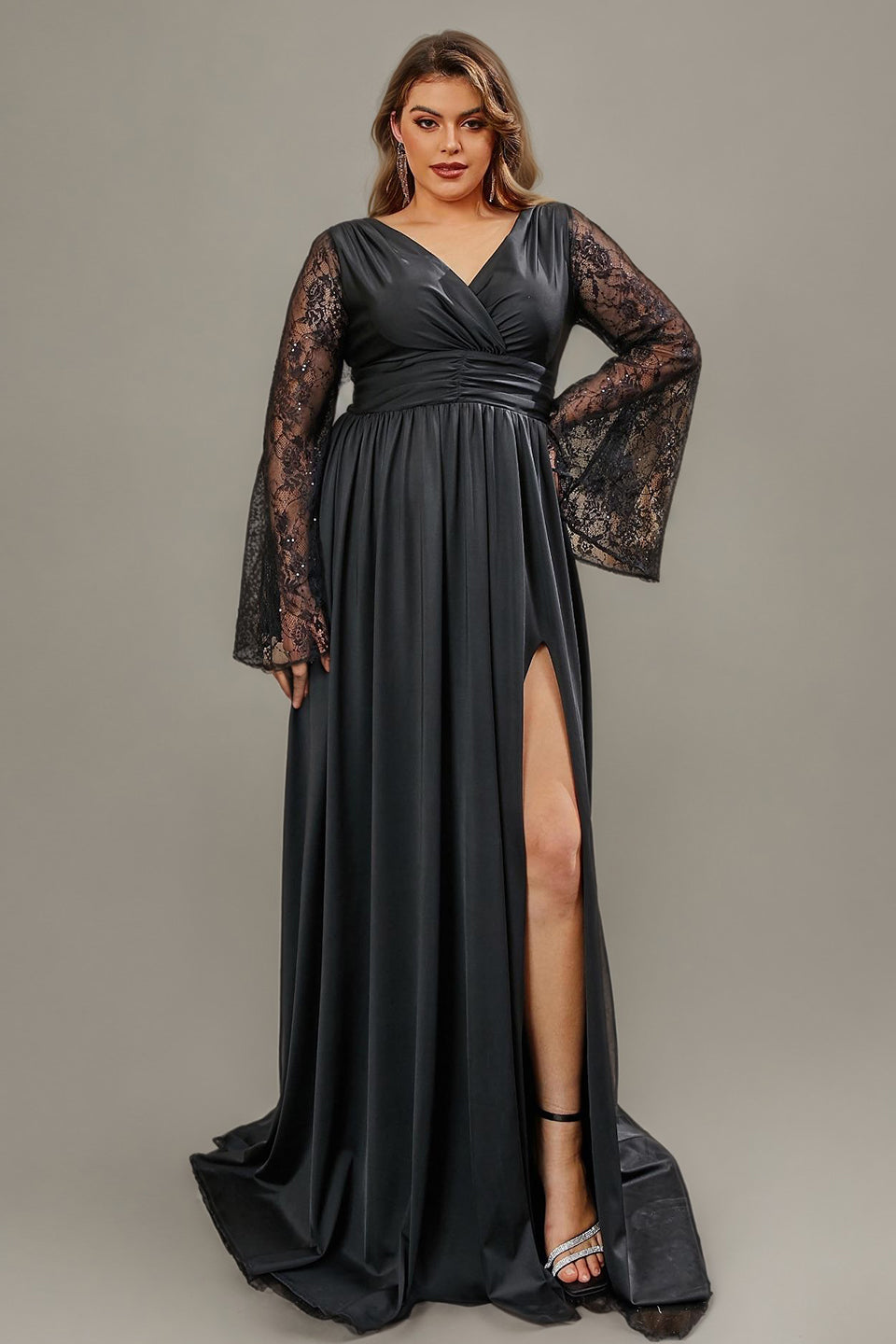 Curveins Plus Size Romantic Lace V Neck Flared Sleeve Slim Waist Split Hem Maxi Dress