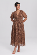 Curveins Plus Size V Neck Short Sleeve Floral Ruched Waist Flowy Elegant Maxi Dress