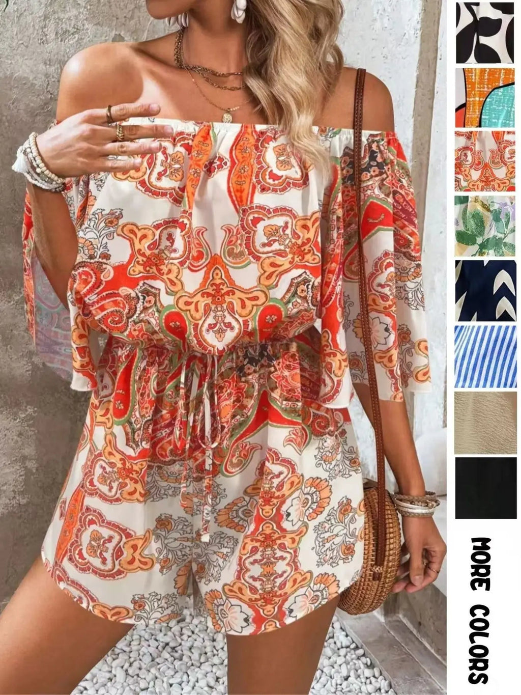 Women's Leaf Print Off Shoulder Tie Front Romper, Casual Flounce Sleeve Romper for Summer, Fashion Women's Clothing for Beach Holiday Vacation