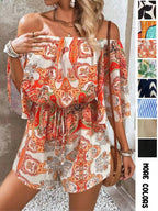 Women's Leaf Print Off Shoulder Tie Front Romper, Casual Flounce Sleeve Romper for Summer, Fashion Women's Clothing for Beach Holiday Vacation