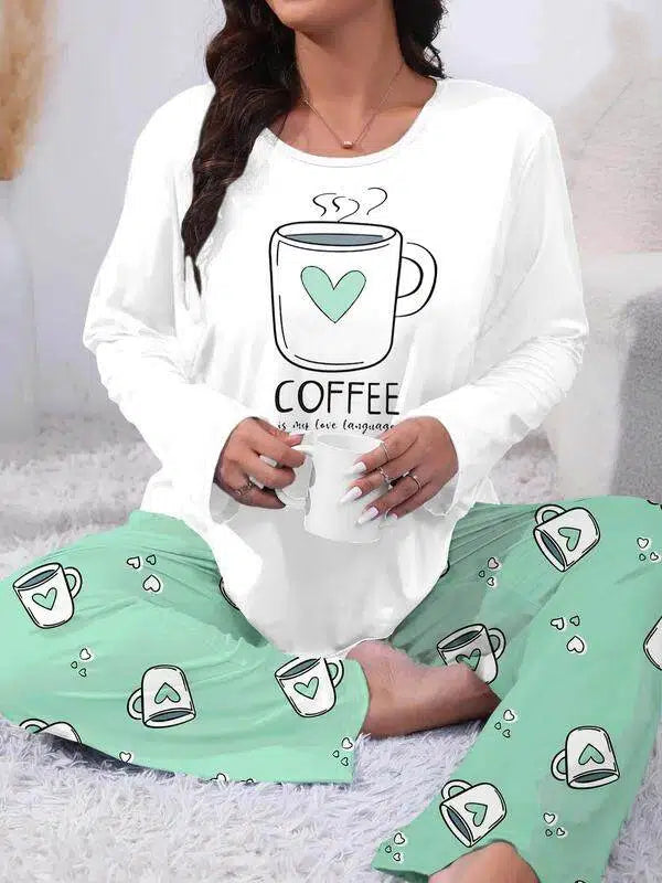 Plus Size Heart Coffee Letter Print Comfortable 2-Piece Pajama Set, Long Sleeve Top & Pants, Casual Fitted Sleepwear for All Seasons