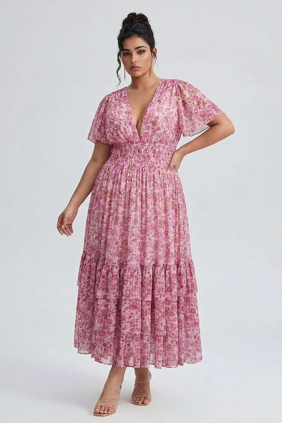 Curveins Plus Size  Floral Smocked Waist Ruffle Sleeve Maxi Dress