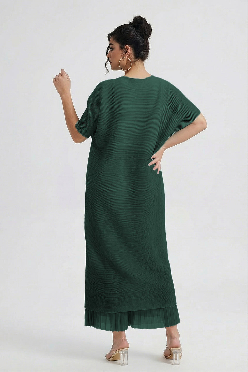 Curveins Plus Size Round Neck Short Sleeve Robe and Wide-Leg Pants Set