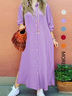 Women's Plain Button Shirt Collar Long Sleeve Dress, Collared Casual Fashion Long Dress for Daily Outdoor Wear, Women's Dress for Spring